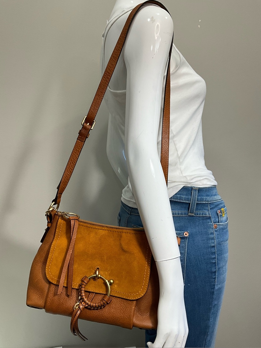 SEE BY CHLOÉ Joan Small Leather Suede Crossbody Bag Caramel Mustard Tan